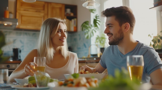 Un couple dîne à la maison.