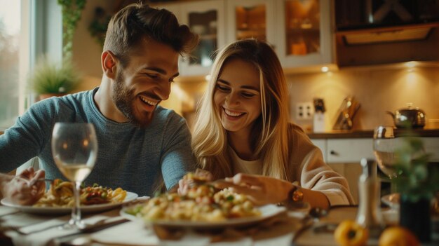 Un couple dîne à la maison.