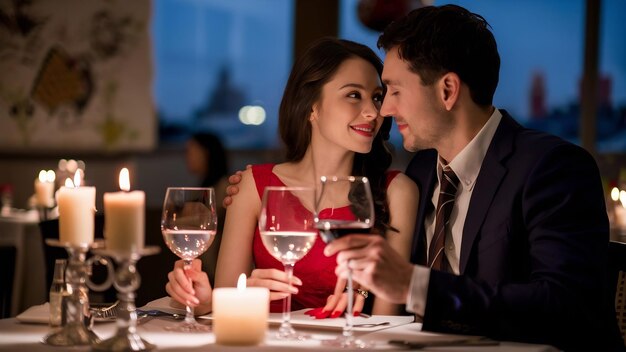 Un couple dîne avec un verre de vin sur la table.