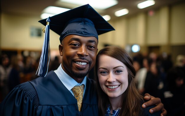 Photo un couple de diplômés vêtus d'une robe et d'une casquette d'étudiant noir