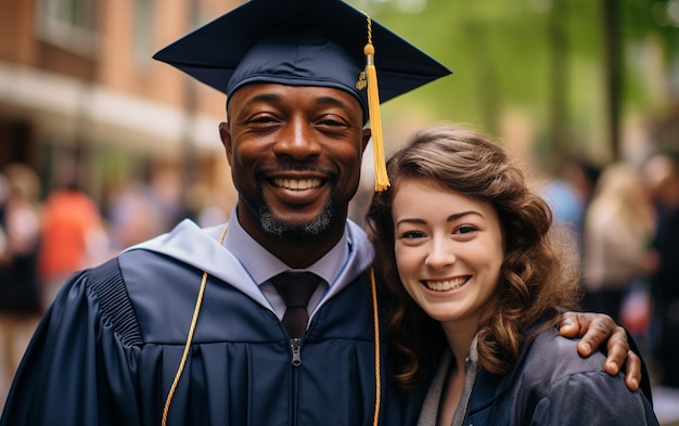 Photo un couple de diplômés vêtus d'une robe et d'une casquette d'étudiant noir
