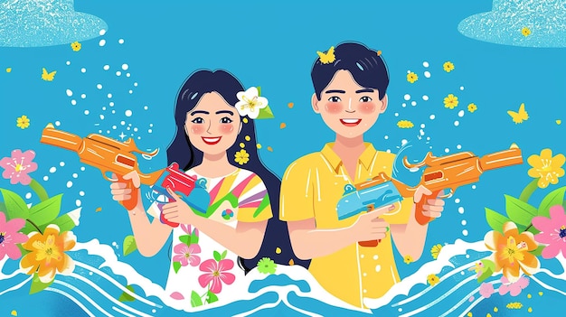 Le couple du festival de Songkran avec des canons à eau