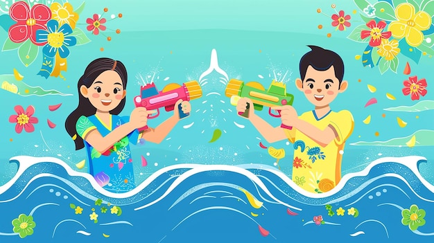 Le couple du festival de Songkran avec des canons à eau