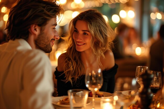 Un couple élégant dîne dans un restaurant de luxe.