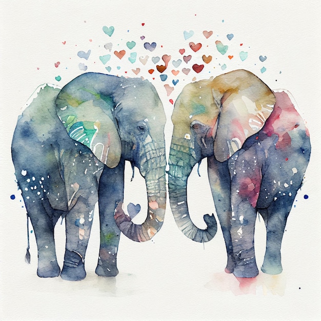 Couple d'éléphants aquarelle amoureux de l'illustration de carte de saint valentin coeurs
