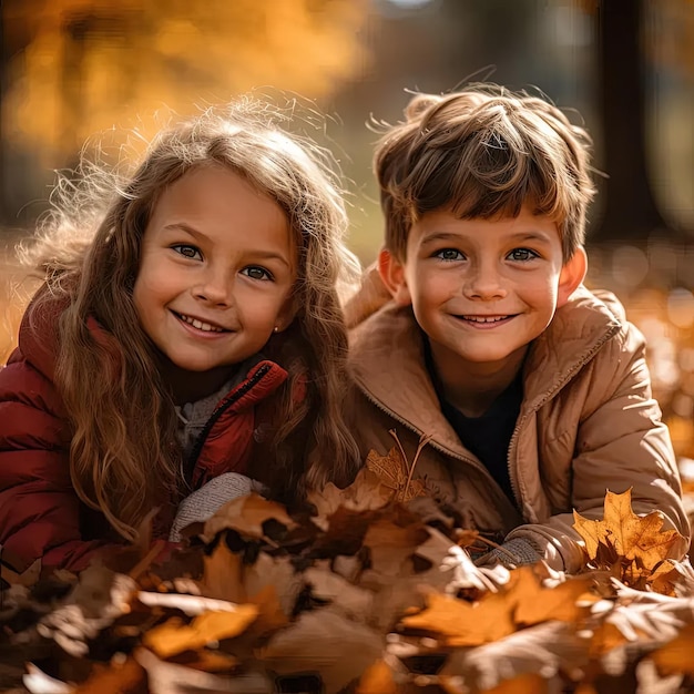 un couple d'enfants allongés sur un tas de feuilles