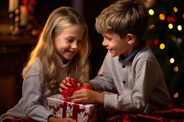 Un couple d'enfants assis l'un à côté de l'autre tenant un cadeau