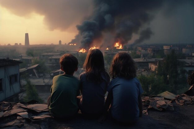 Photo un couple d'enfants est assis avec son dos et voit une ville détruite par la guerre un enfant sans famille dans le
