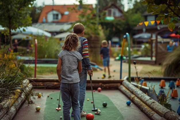 Un couple d'enfants jouant au mini-golf.