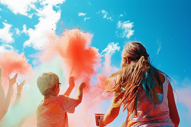 Photo un couple d'enfants jouant avec de la poudre colorée