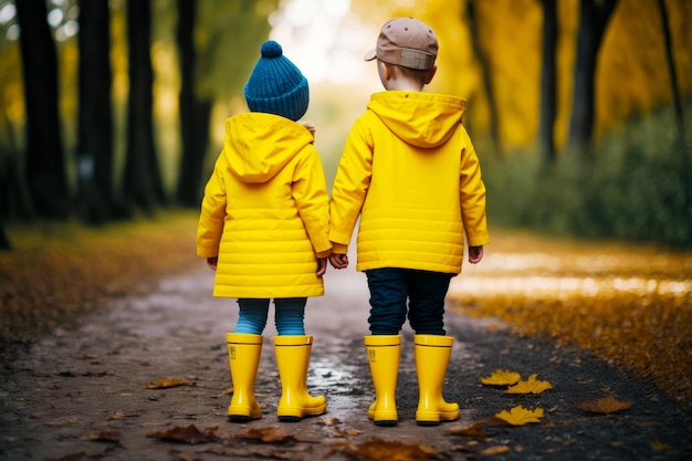 Couple d'enfants qui marchent sur la route avec des bottes de pluie sur l'IA générative