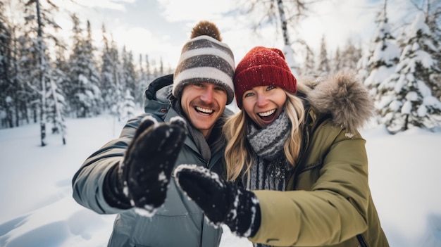 Un couple enjoué s'amusant dans un paysage hivernal