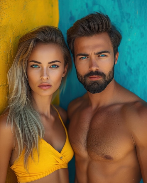 Photo un couple époustouflant avec des traits frappants contre un mur coloré