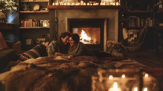 Photo un couple est allongé sur le sol devant une cheminée la femme repose sa tête sur l'épaule de l'homme ils sont tous les deux souriants et semblent heureux