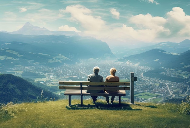 Un couple est assis sur un banc et profite de la vue sur la montagne dans le style suisse.