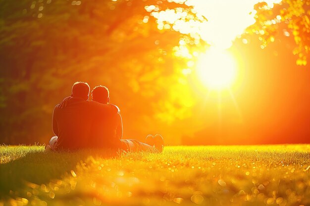 Un couple est assis sur un champ herbeux à profiter du soleil.