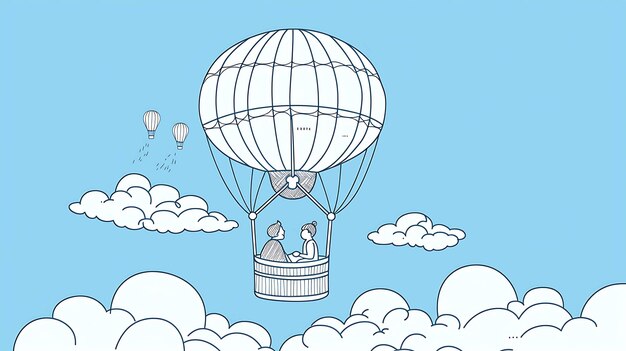 Un couple est assis dans un ballon à air chaud et regarde les nuages en dessous le ciel est bleu et clair