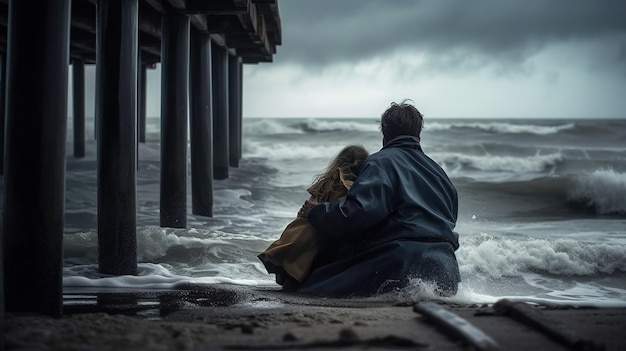 Un couple est assis sur la plage et regarde la mer.