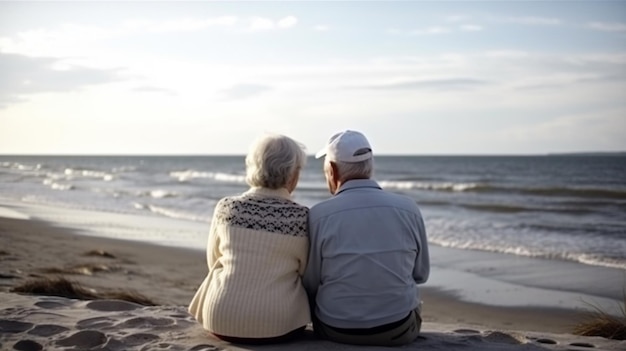 Un couple est assis sur la plage et regarde l'océan.