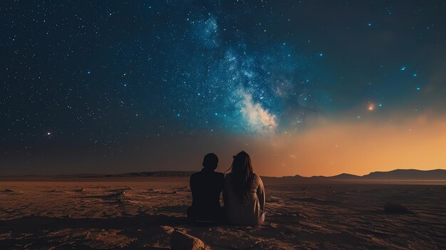 Un couple est assis sur un rocher au milieu du désert ils regardent le ciel étoilé
