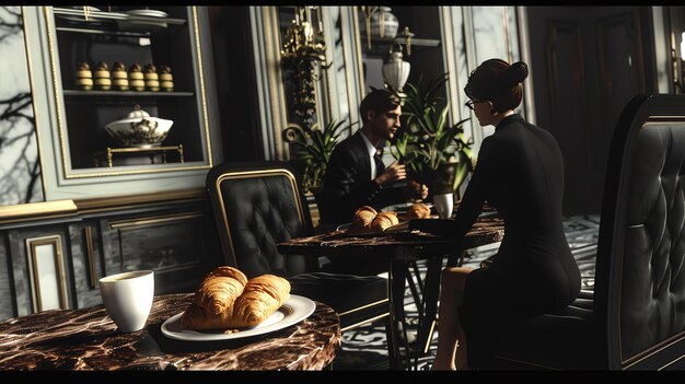 Photo un couple est assis à une table dans un café la femme porte une robe noire et l'homme porte un costume