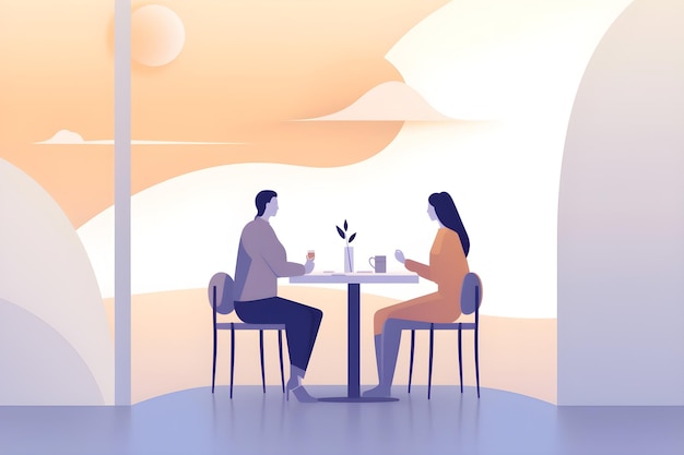 Un couple est assis à une table devant un coucher de soleil
