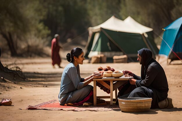 un couple est assis à une table avec de la nourriture devant eux.