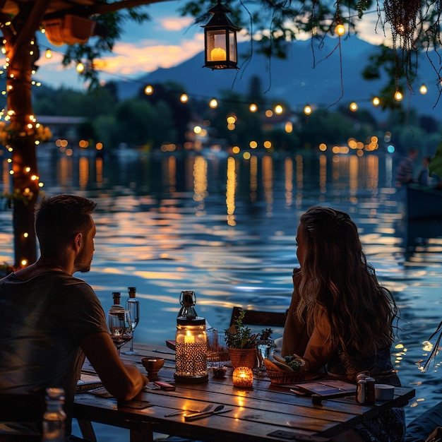 Photo un couple est assis à une table avec une table éclairée et un bateau en arrière-plan