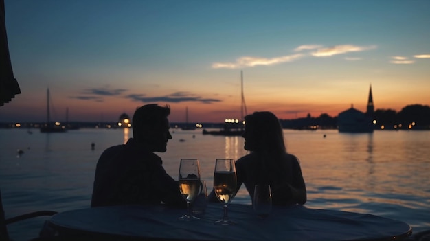 Un couple est assis à une table avec des verres à vin et un coucher de soleil en arrière-plan.