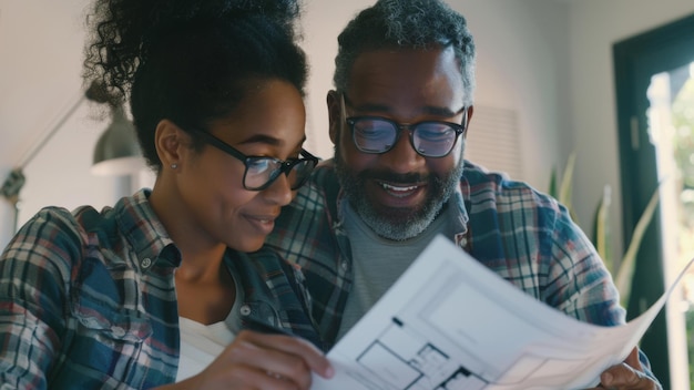 Un couple est joyeusement engagé dans la révision des plans de la maison en envisageant un avenir ensemble