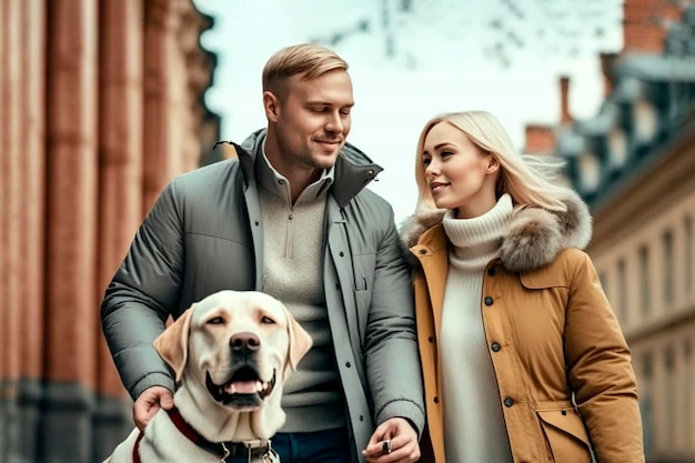 Le couple est en promenade en ville avec un chien Labrador Ai génératif