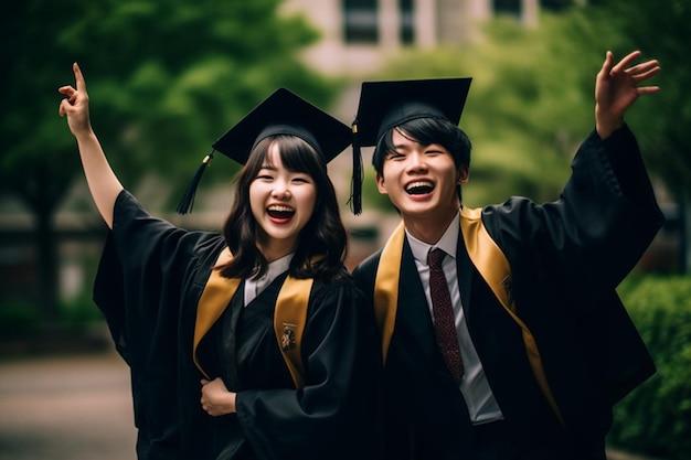 Un couple d'étudiants en robes de graduation et robes sourient et agitent les bras en l'air