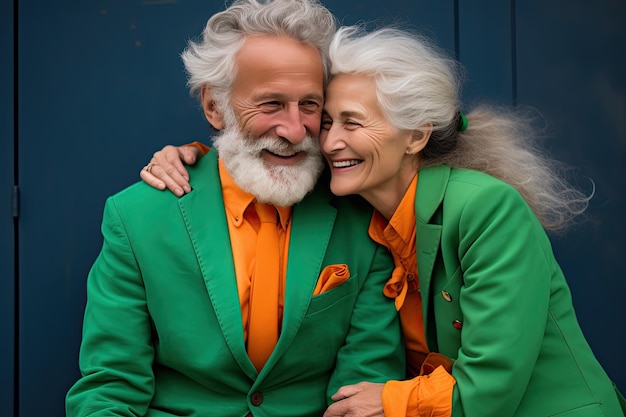 Un couple européen plus âgé souriant à la mode vêtu de nuances d'orange et de vert