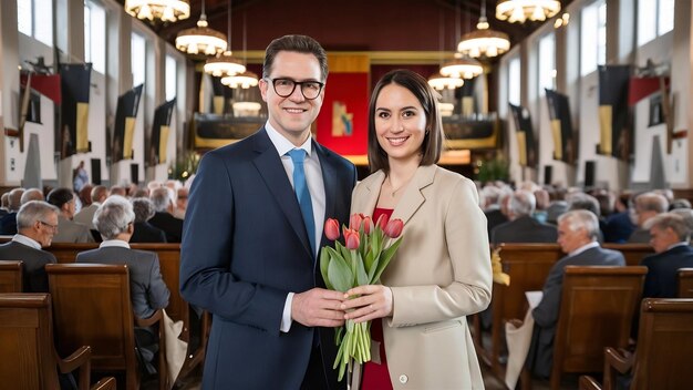 Photo un couple européen se tient dans une salle avec un bouquet de tulipes rouges.