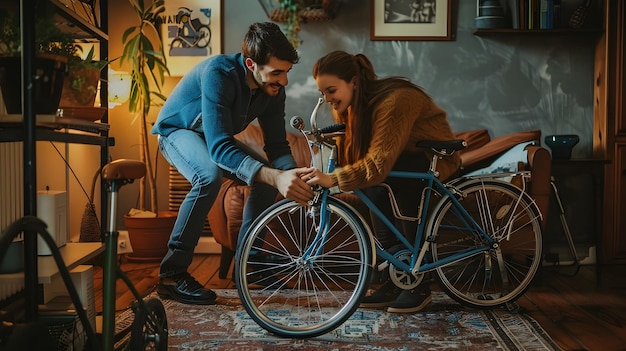 Un couple examine son vélo dans un salon de style indigo