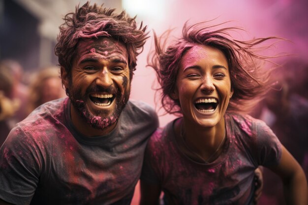 Photo un couple excité riant pendant la fête de holi