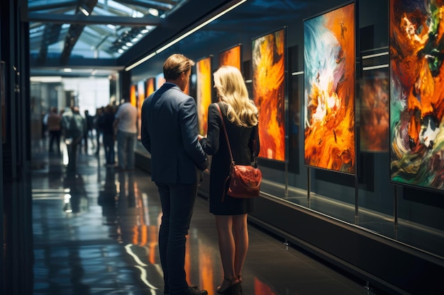 Un couple explore la galerie d'art du navire Un mélange de culture et de romance en un seul endroit