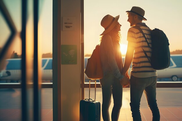 Couple familial avec bagages à l'aéroport Réseau de neurones généré par l'IA