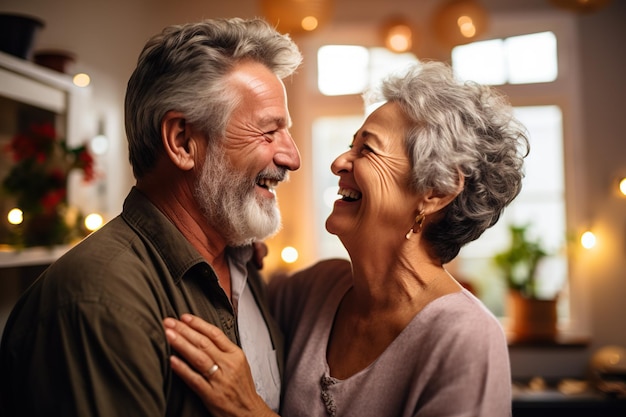 Couple familial senior romantique, femme et mari dansant sur de la musique ensemble dans le salon