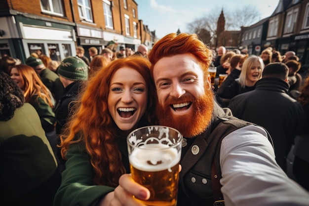 Un couple de famille heureuse fête la Saint-Patrick39 en buvant de la bière