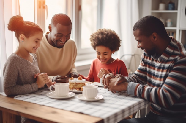 Un couple de famille multiraciale heureux avec des enfants prie ensemble avant de prendre le petit déjeuner du matin à la maison ensemble Des parents multiethniques avec des enfants de race mixte se tiennent la main disent la prière s'assoient à la table de la cuisine