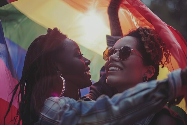 Un couple de femmes debout l'une à côté de l'autre sous un parapluie de couleur arc-en-ciel