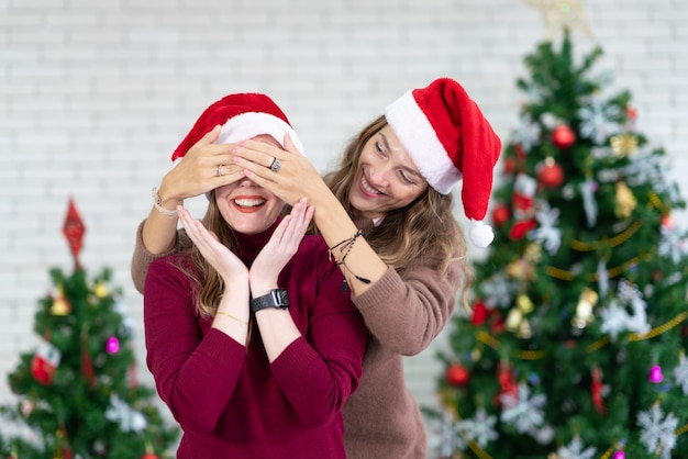 Couple de femmes heureux portant le costume de Santa souriant et riant avec la main sur le visage couvrant les yeux pour la surprise