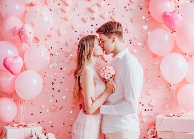 Un couple fête avec des ballons roses et des fleurs.