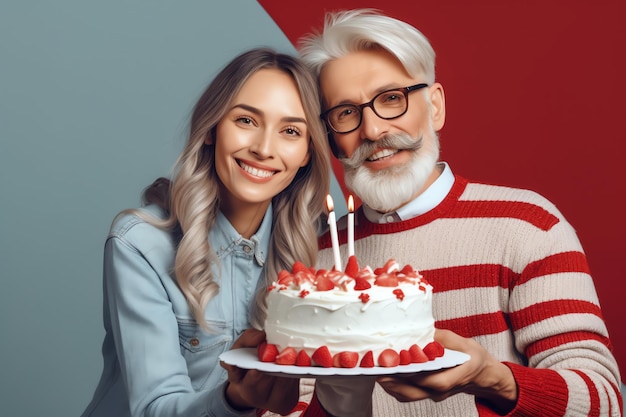 Un couple fête son anniversaire avec un gâteau