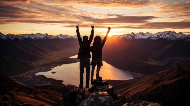 Un couple fête son succès au sommet d'une montagne en levant les mains en l'air