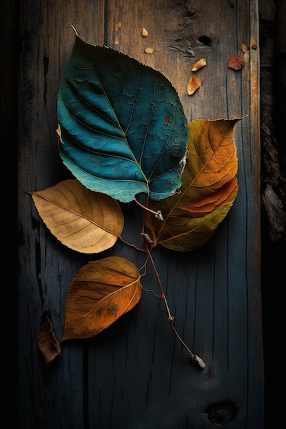 Couple de feuilles assis sur une table en bois générative ai