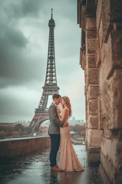 un couple fiancé devant la tour Eiffel