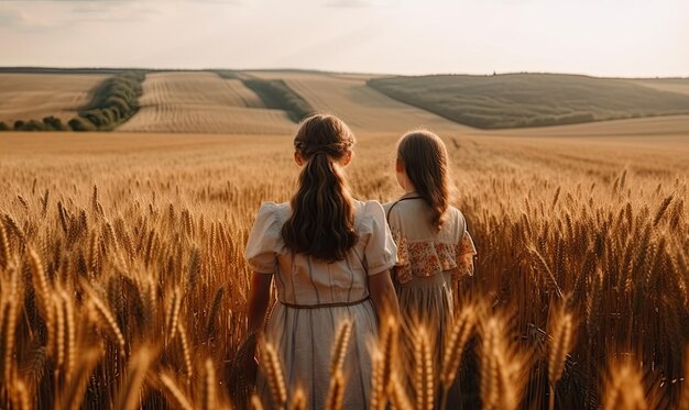 Un couple de filles se tiennent dans un champ de blé et se tiennent la main.