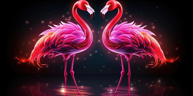 un couple de flamants roses au néon debout sur un fond transparent